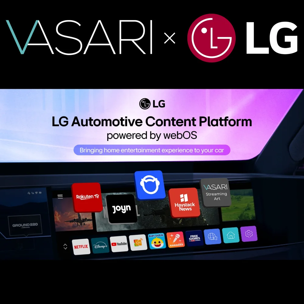 Vasari x LG - the LG Automotive Content Platform powered by webOS shown on an in-car display