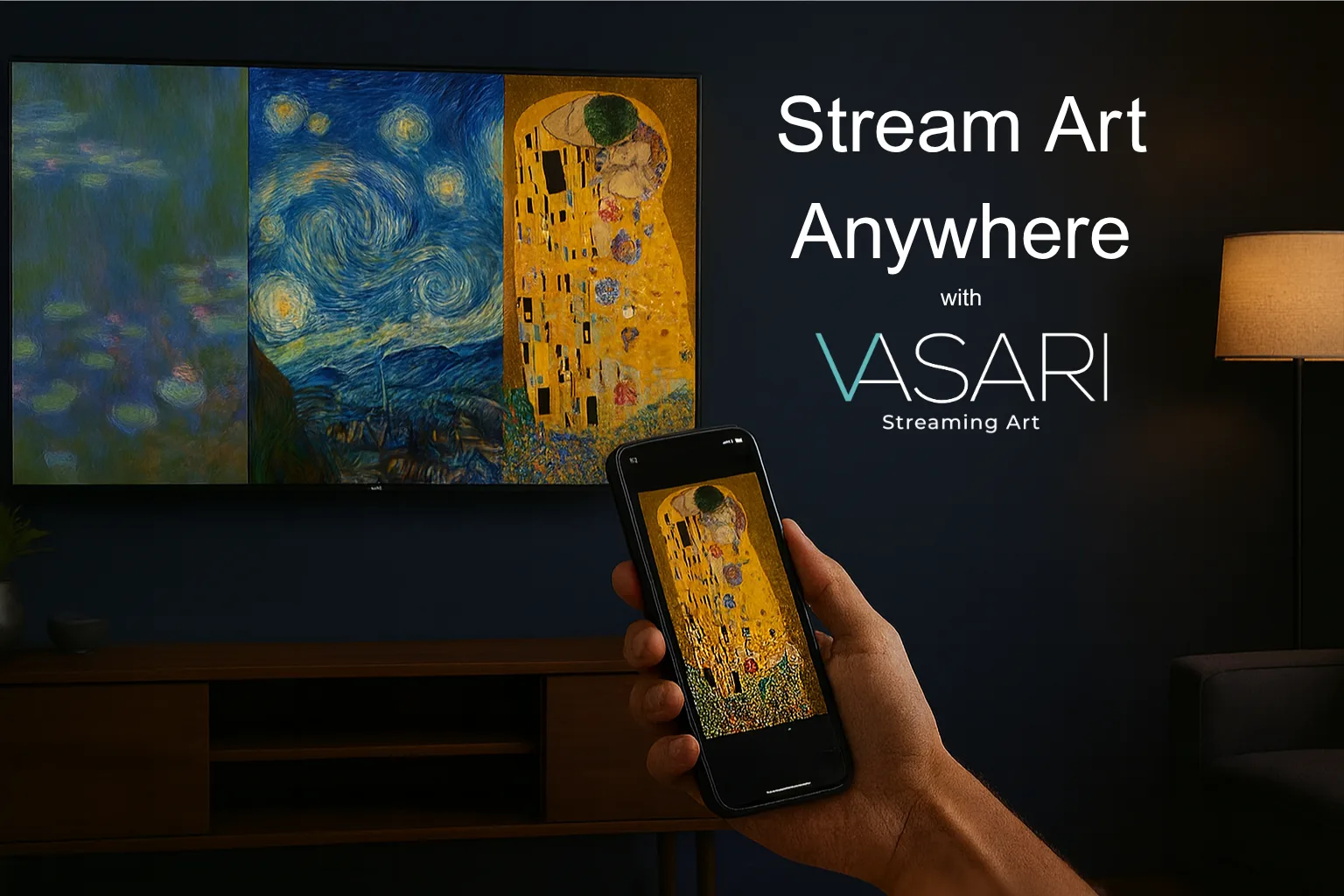 Streaming art on a wall-mounted television and a phone in a living room