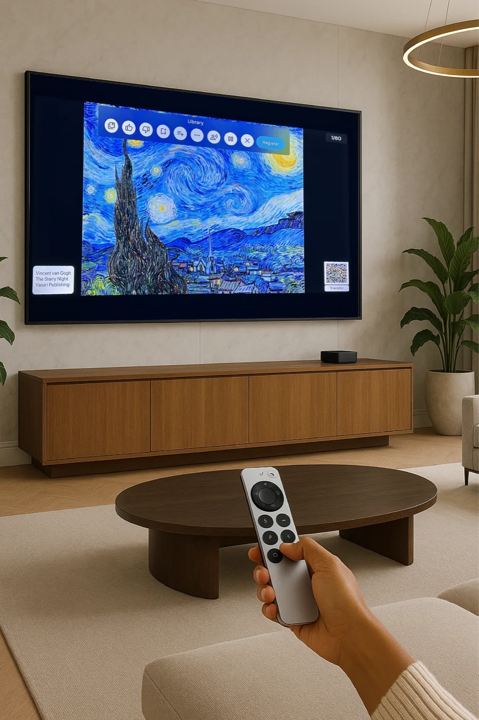 Van Gogh's The Starry Night streaming on a wall-mounted television in a living room, with the Vasari remote in hand